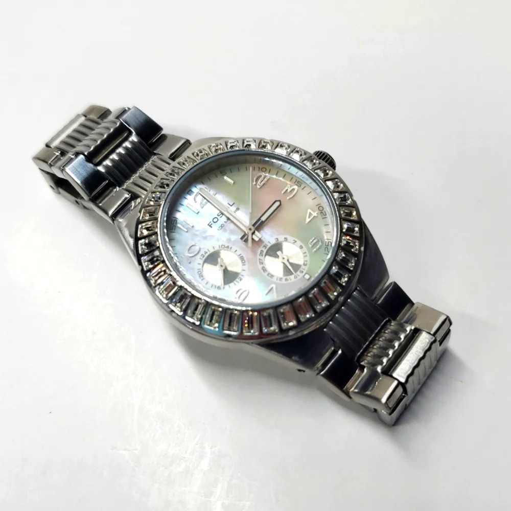 Fossil Watch BQ9360 Silver Steel Wristband Mother of Pearl Face Dual Subdial